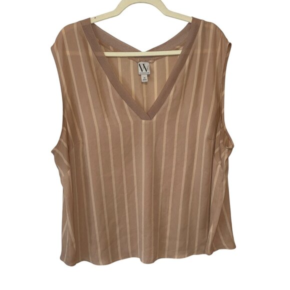 Worthington Womens Tan Striped V-Neck Sleeveless Blouse 2X Polyester - Picture 1 of 6